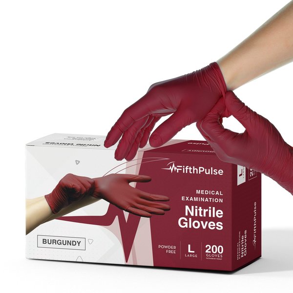 Fifthpulse FMN100, Nitrile Disposable Gloves, 3 mil Palm, Nitrile, Powder-Free, L, 200 PK, Burgundy FP-N-200-L-BRG